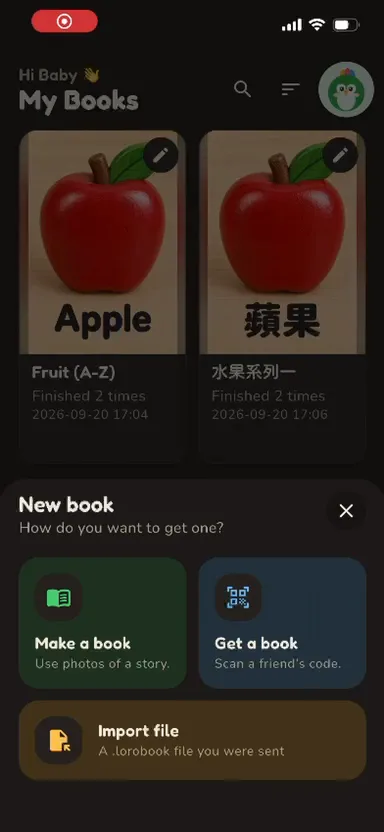 My Books screen with the New book sheet showing Make a book, Get a book and Import file