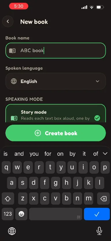 New book form with the name ABC book, spoken language English and Story mode selected