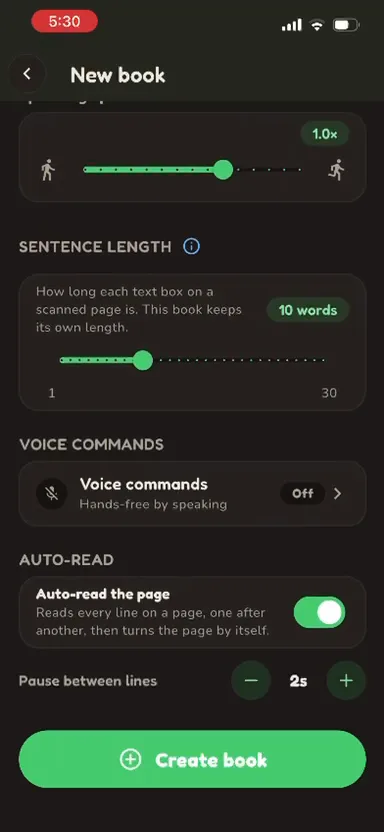 New book settings for speaking speed, sentence length, voice commands and auto-read