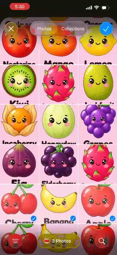 Photo picker with three fruit flashcards selected