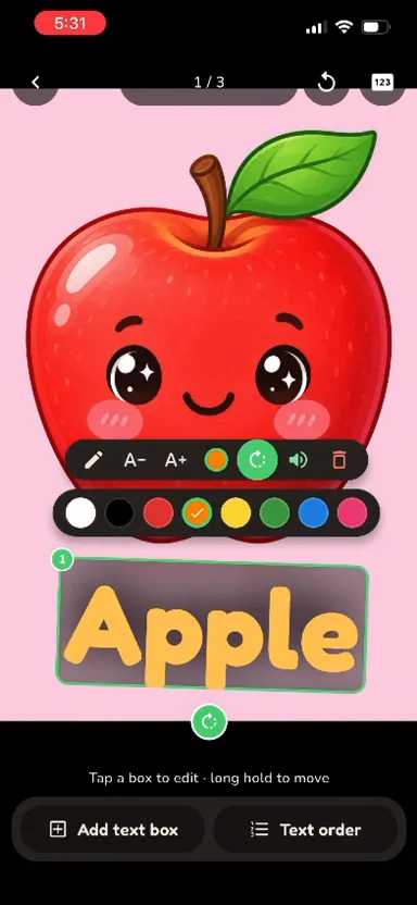 Page editor with the word Apple selected and the ink colour palette open