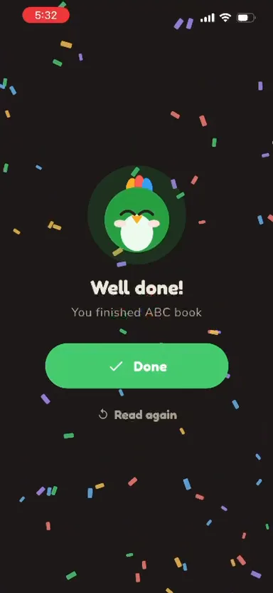 Well done screen with confetti after finishing the ABC book