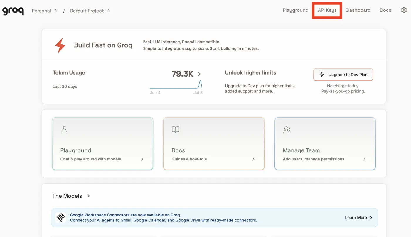 Groq Console dashboard with the API Keys tab highlighted in the top navigation