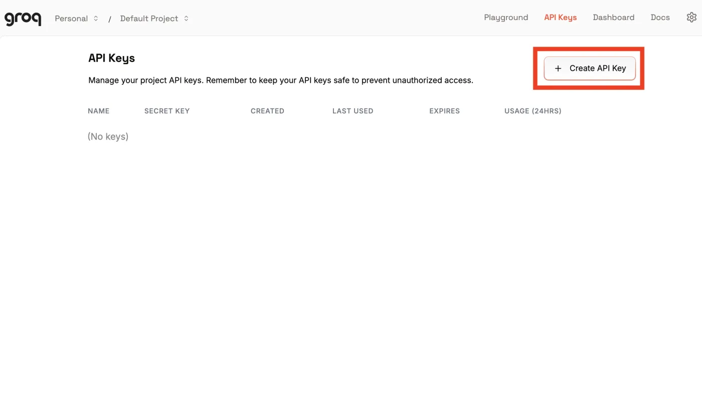 Groq API Keys page with an empty list and a Create API Key button highlighted