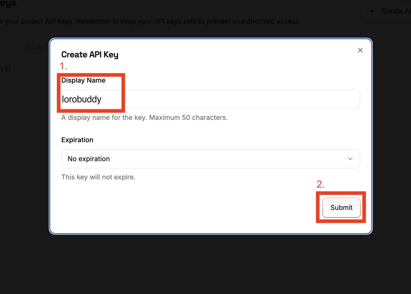 Create API Key dialog with a Display Name field and a Submit button highlighted