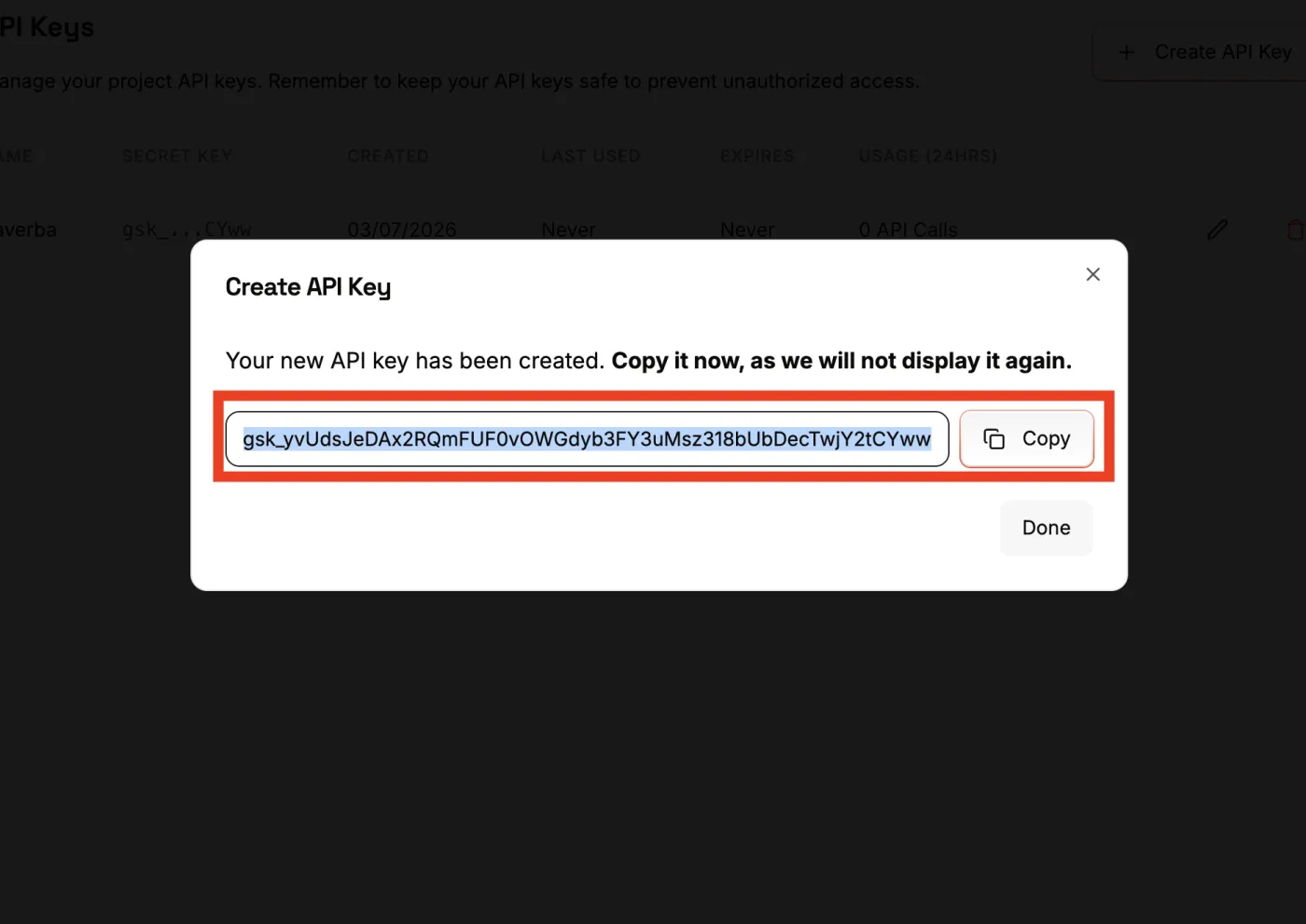 Dialog showing the newly created Groq API key with a Copy button highlighted